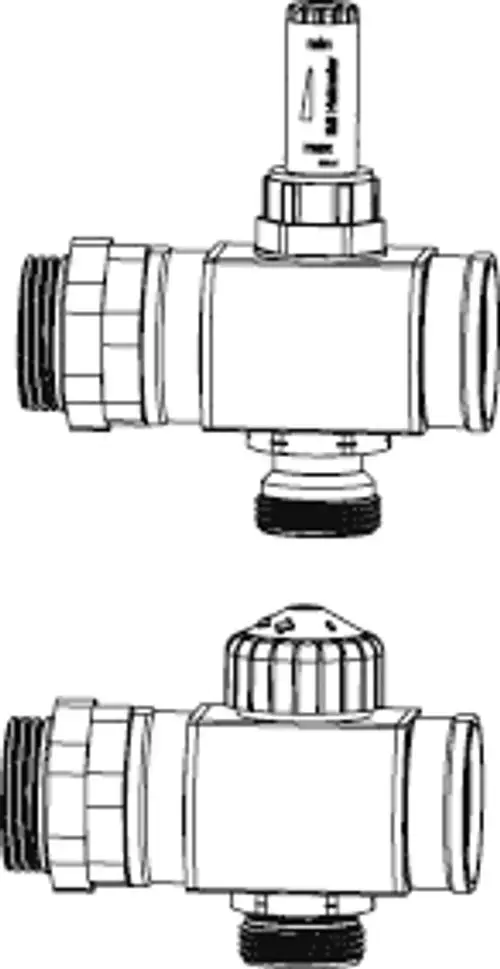 Verteiler mit zwei Anschlussmöglichkeiten, hergestellt von IMI Hydronic Engineering. Seitenansicht zeigt verstellbare Komponenten zur Wasserverteilung.